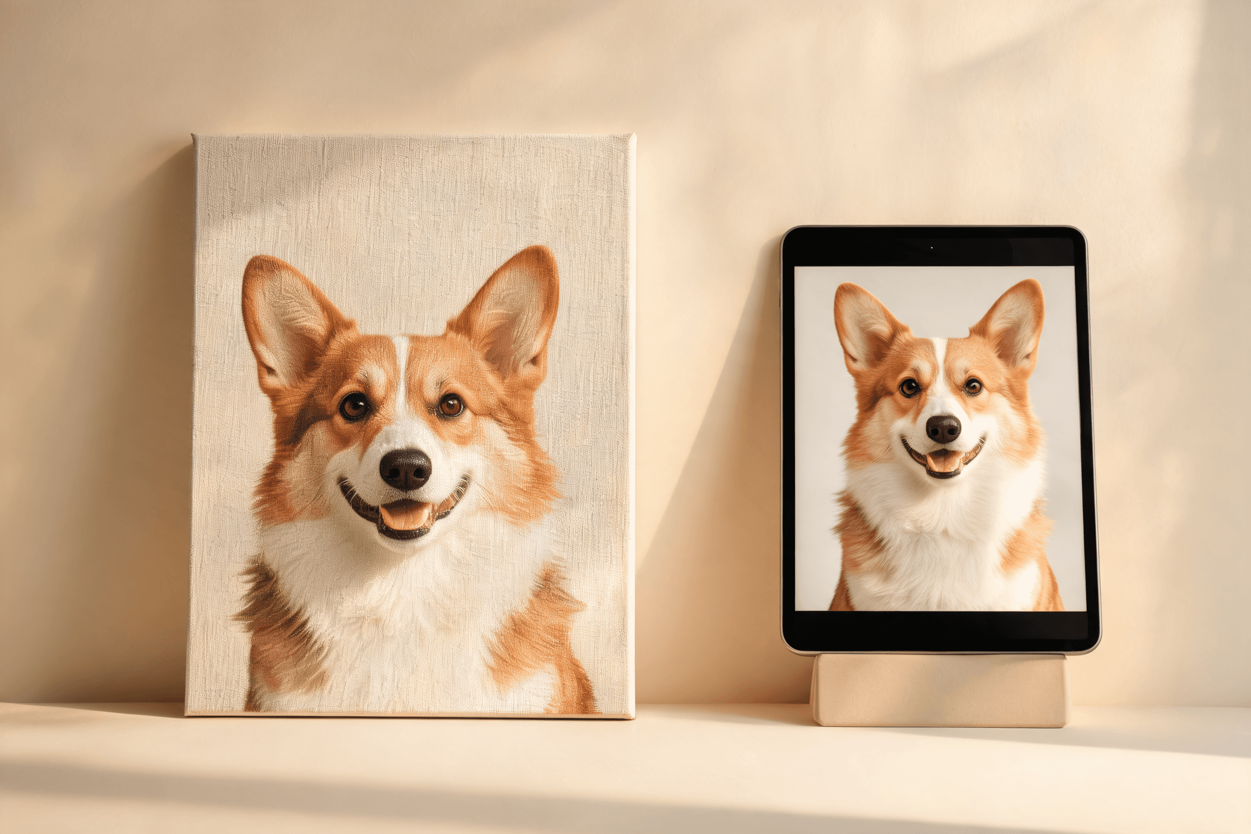 A framed pet portrait print beside its digital version on a screen