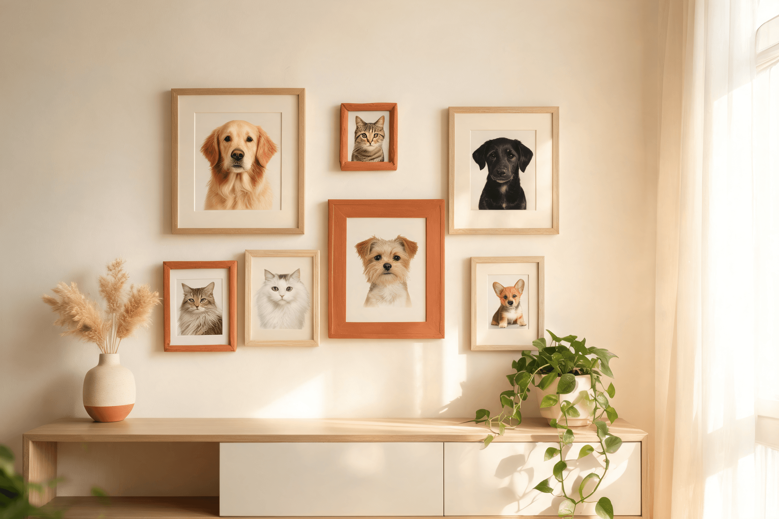 Framed pet portraits displayed as a gallery wall at home