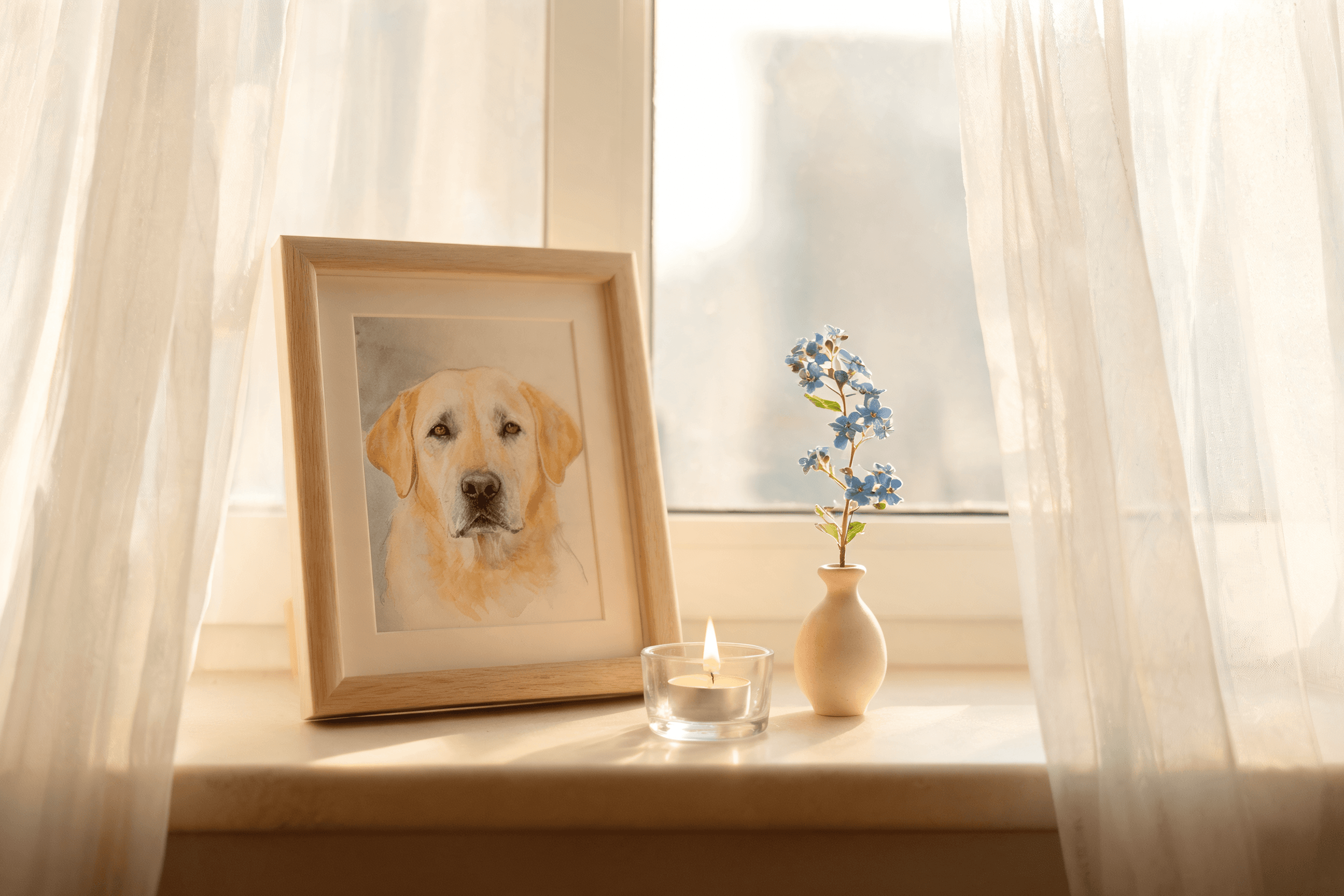 A soft, warm portrait honoring a pet who has passed away