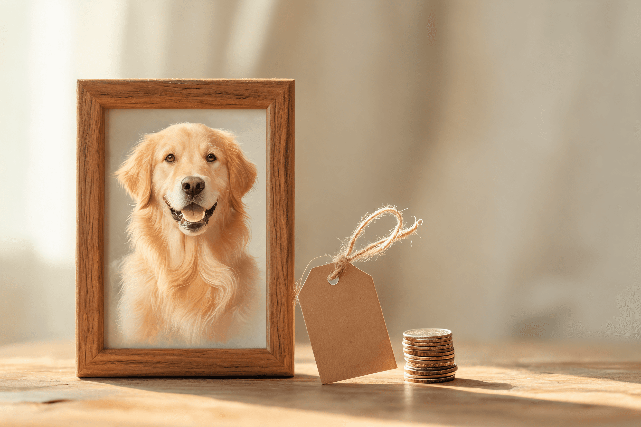 A framed AI pet portrait held up next to the real dog, weighing whether it was worth it