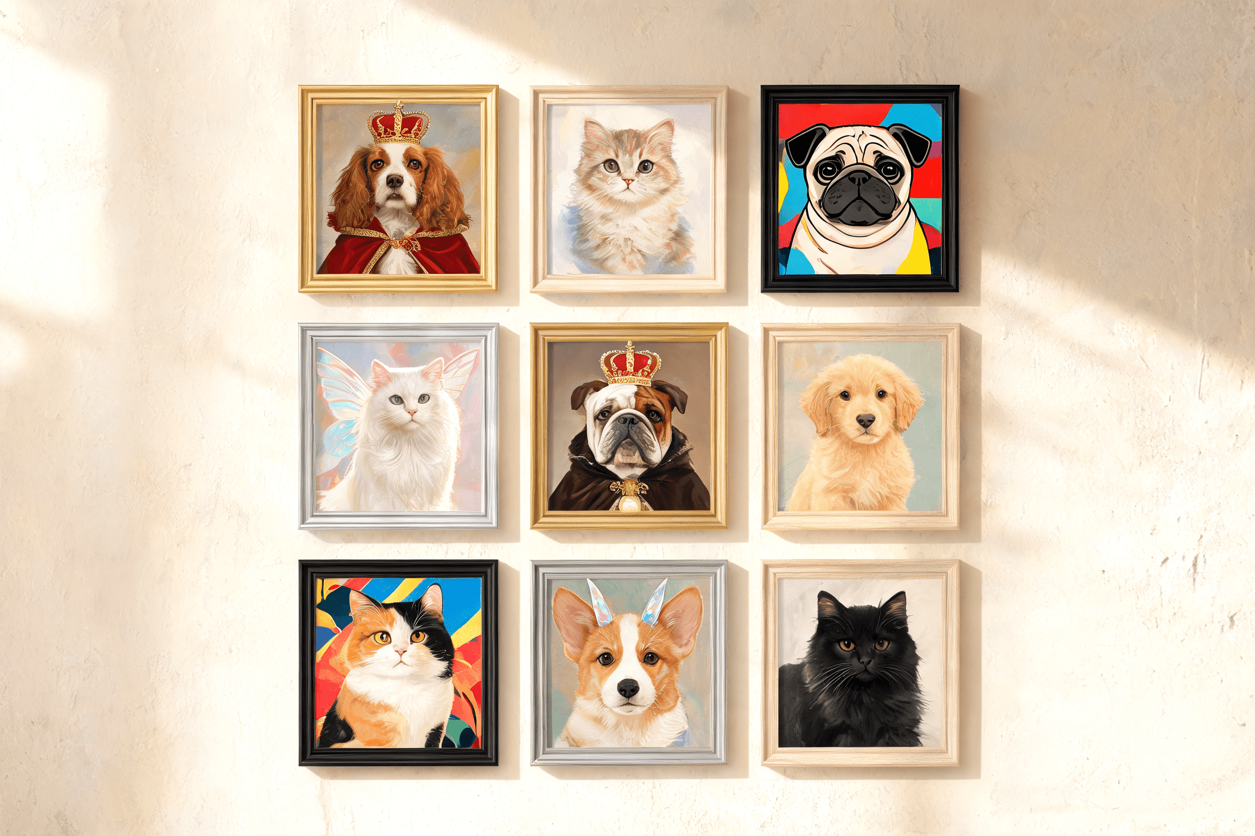 A gallery wall of AI-generated pet portraits in painterly styles