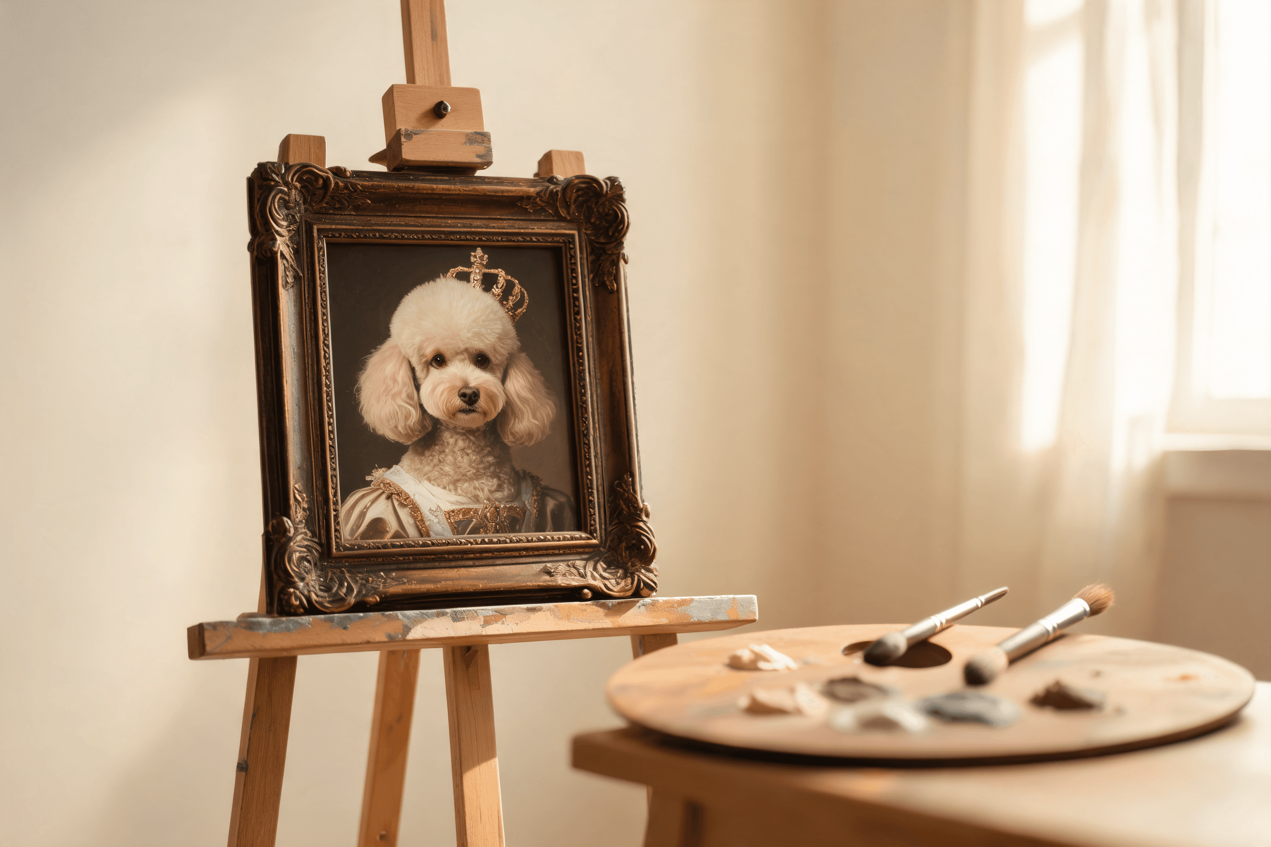 A framed custom pet portrait illustrating portrait pricing
