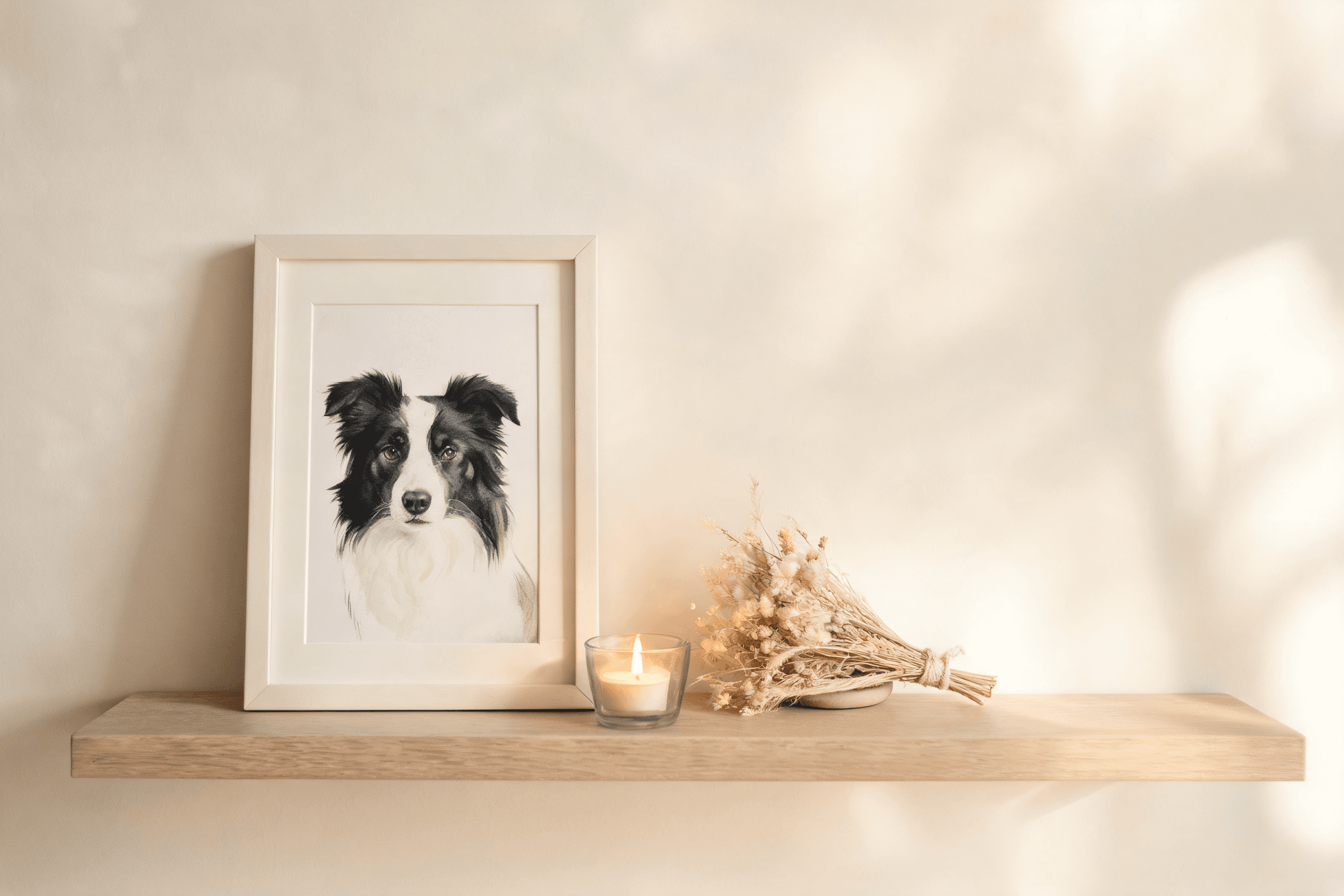 A soft, warm memorial-style portrait of a beloved pet