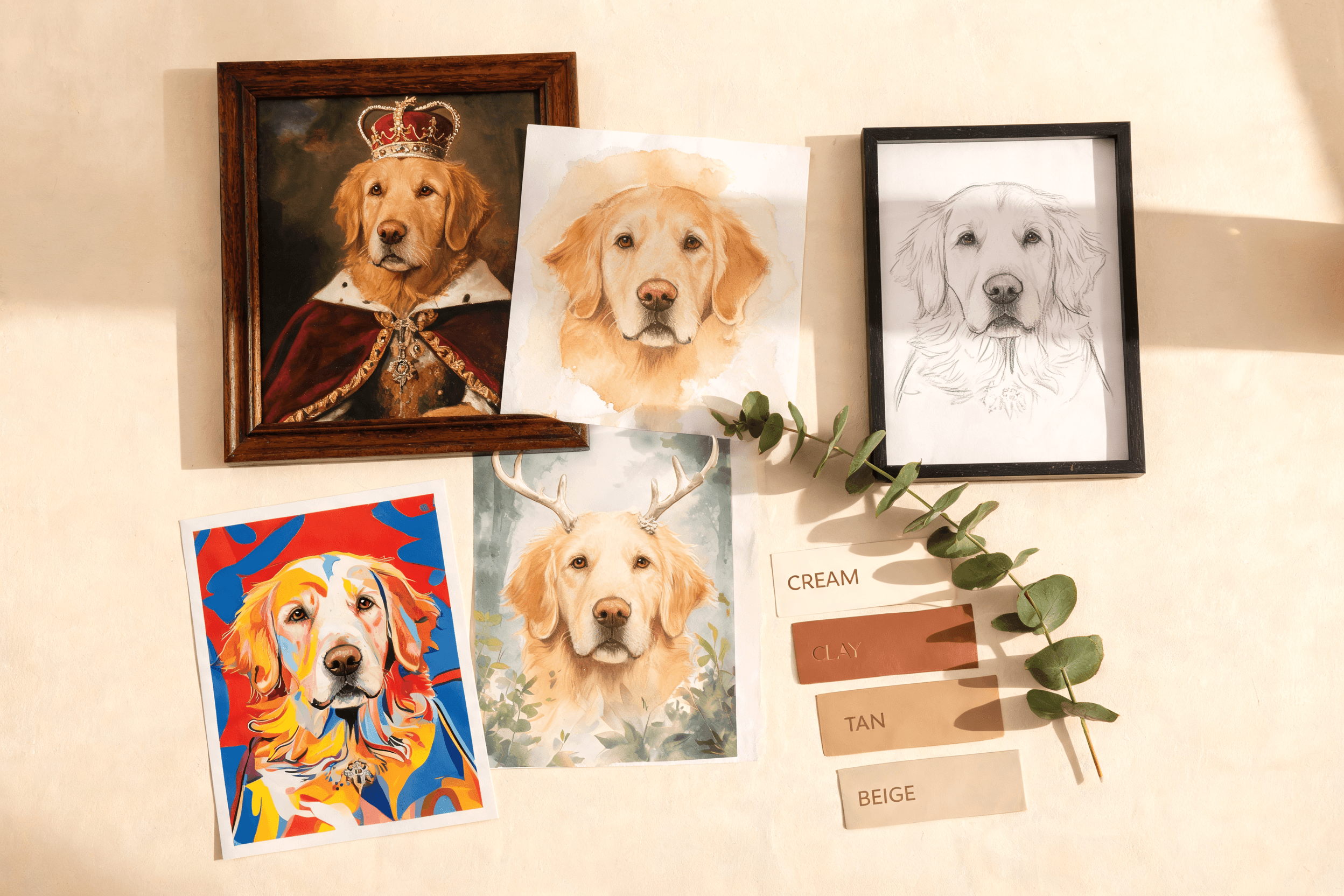 A wall of custom pet portraits in different styles, illustrating pet portrait ideas
