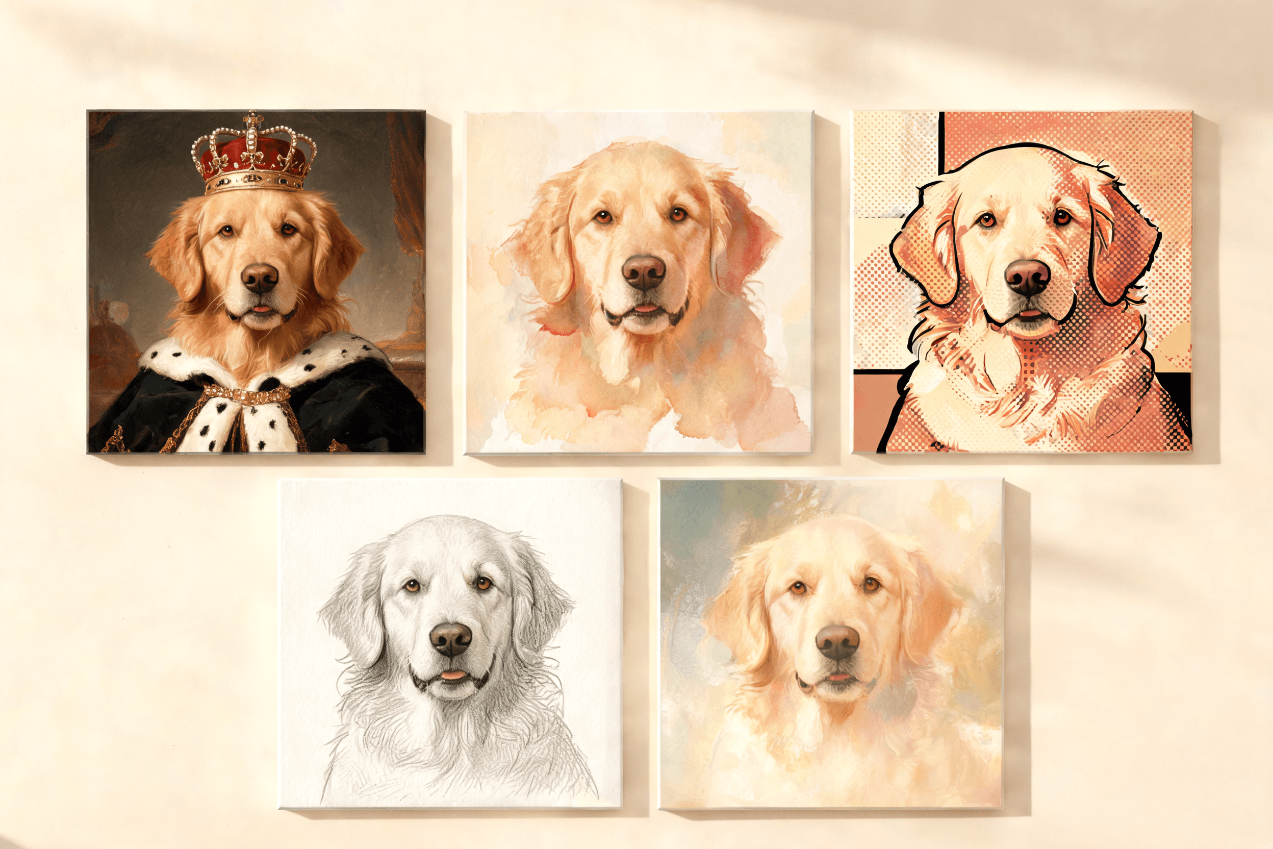 A wall of pet portraits in several different art styles