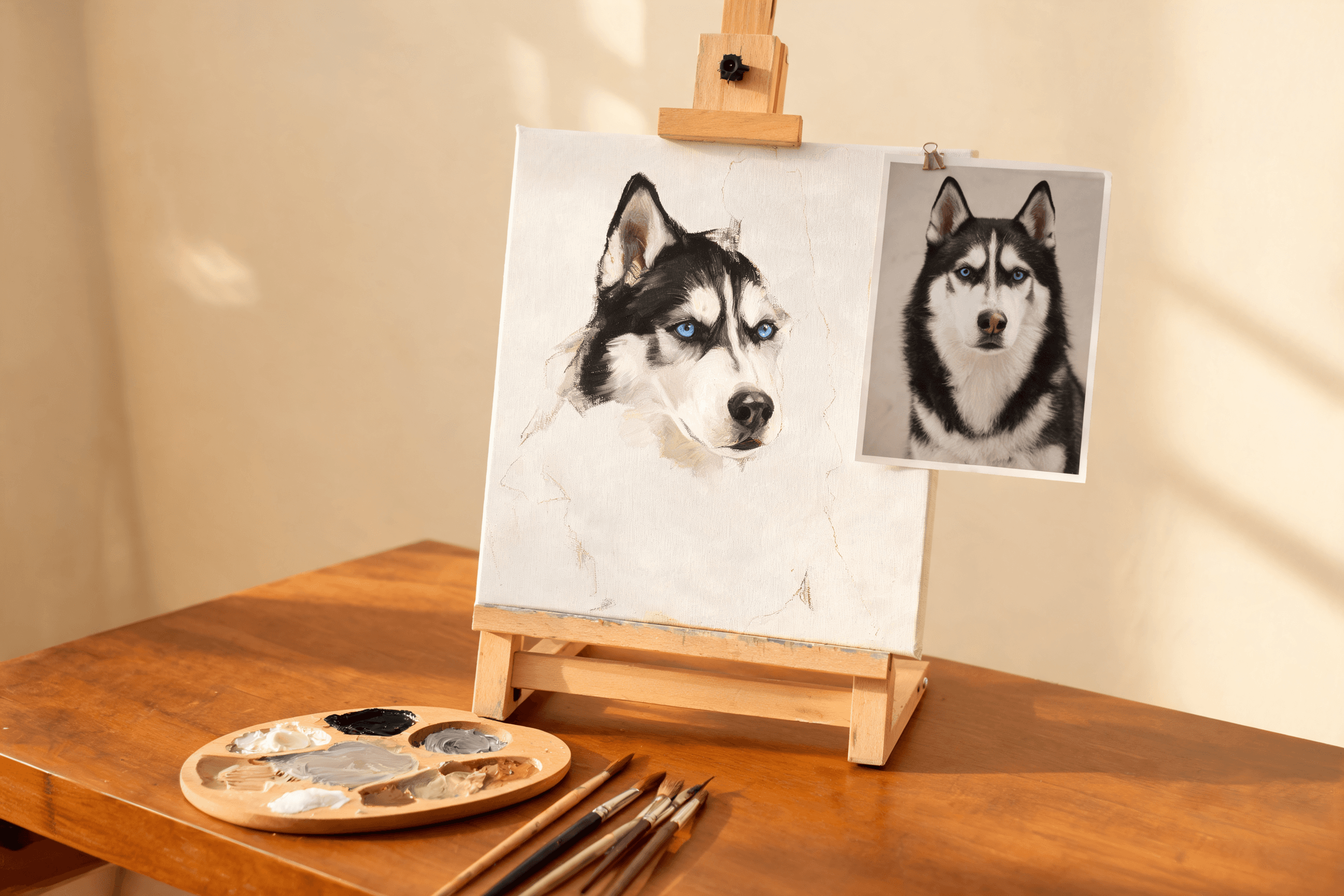 A pet photo transformed into a painted portrait