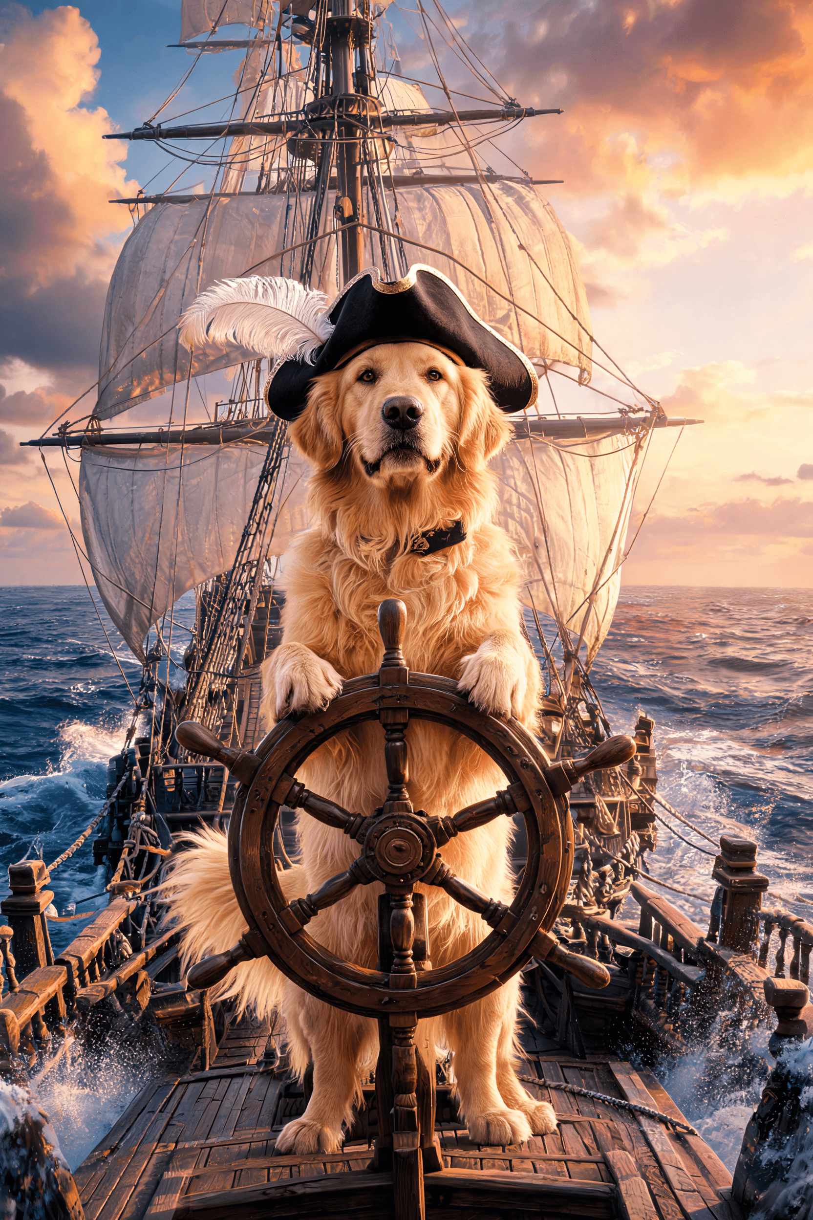 Fantasy AI pet portrait of a Golden Retriever as a pirate captain