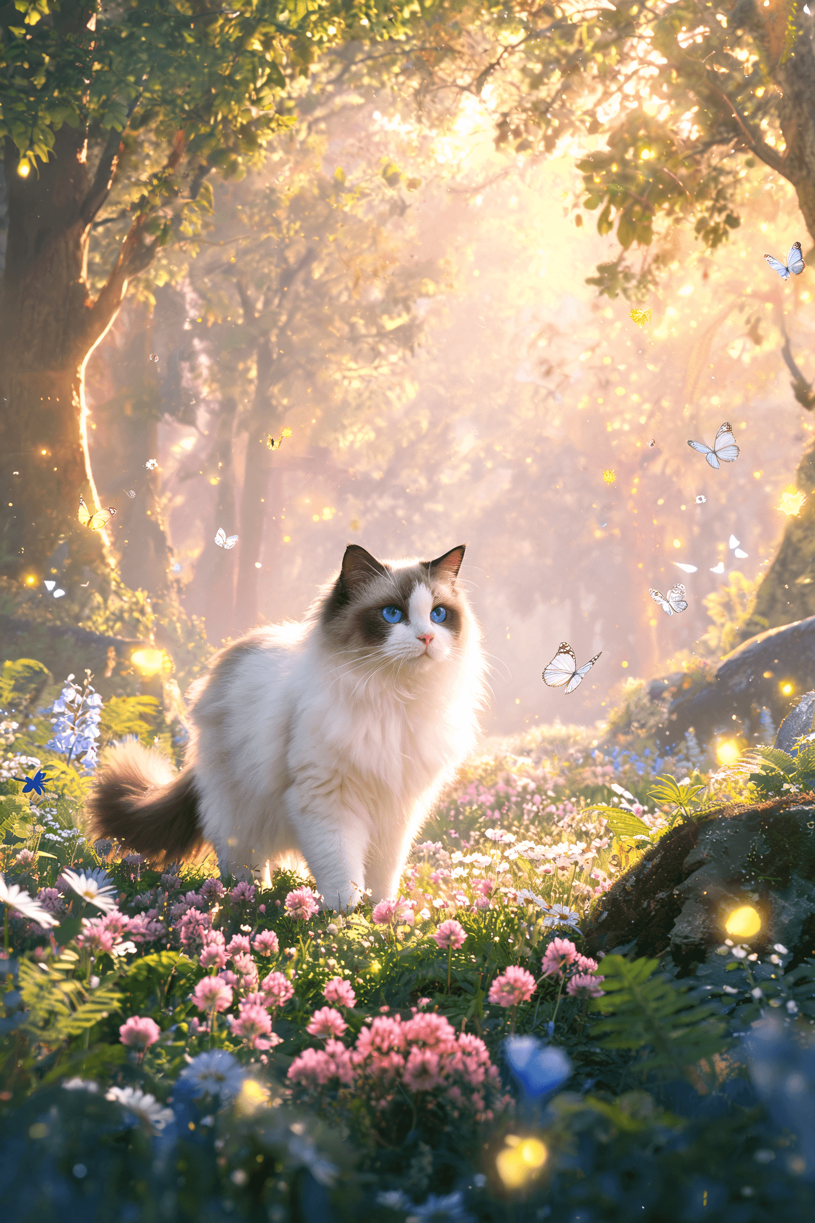 Poetic AI pet portrait of a Ragdoll cat in a firefly-lit forest clearing
