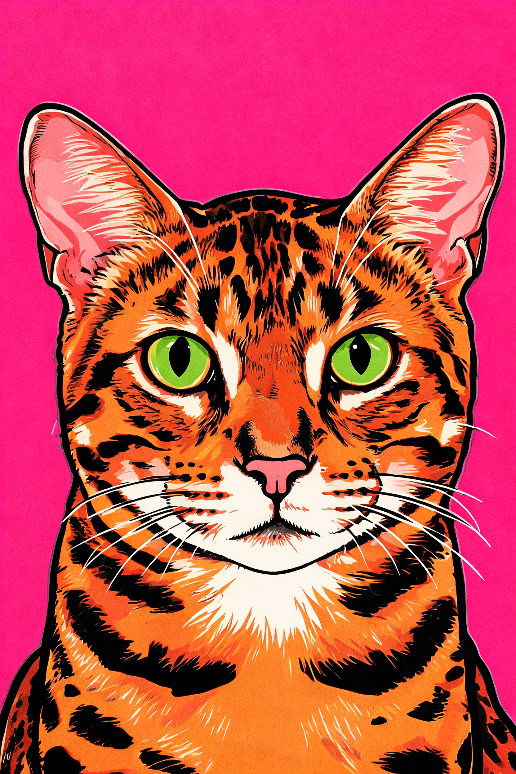 Bold pop art AI pet portrait of a Bengal cat