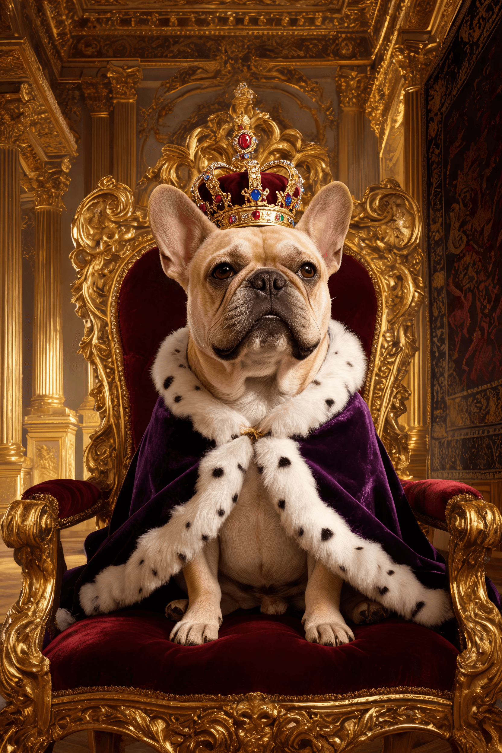 Royal AI pet portrait of a French Bulldog crowned on a throne